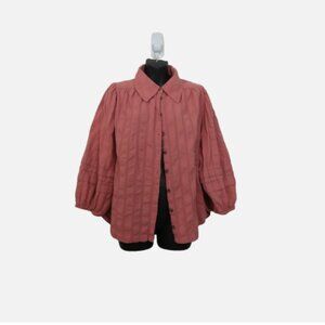 Free People size Large Happy Days Puff Sleeve Top Pink Button Down Boho Casual